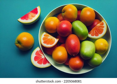 Fruit Composition On Turquoise Background. Sliced Fruit Lying In A Plate Mango, Mandarin, Orange, Apples, Lemon. Image With Fruit For Creativity And Advertising.
