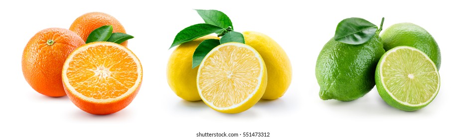 Fruit compositions with leaves isolated on white background. Orange, lemon, lime. Collection.