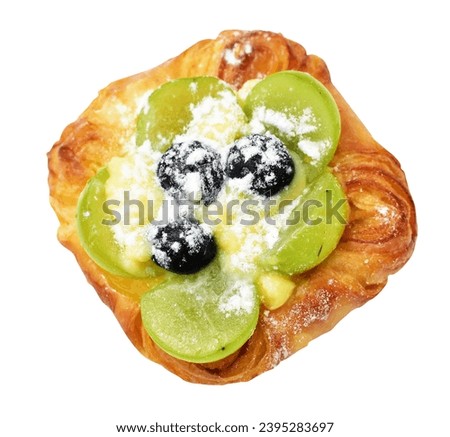 Fruit Danish flaky pastry puff  isolated with green grape and blueberries, clipping path, no shadow in white background