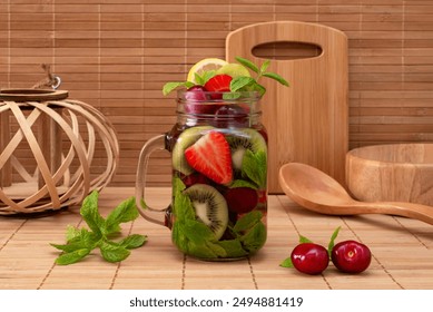 Fruit detox drink in a mug. A piece of strawberry, kiwi, cherry, lemon and a sprig of mint on the background of bamboo products. Rustic style. - Powered by Shutterstock