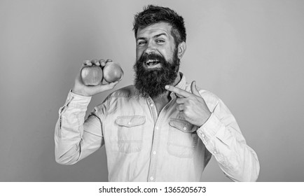 Fruit Dieting. Join Healthy Lifestyle. Man With Beard Hipster Hold Apple Fruit Hand. Nutrition Facts And Health Benefits. Healthy Nutrition Tips. Simple Way To Plan Enjoy And Stick To Healthy Diet.