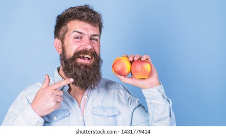 Fruit Dieting. Join Healthy Lifestyle. Man With Beard Hipster Hold Apple Fruit Hand. Nutrition Facts And Health Benefits. Healthy Nutrition Tips. Simple Way To Plan Enjoy And Stick To Healthy Diet.