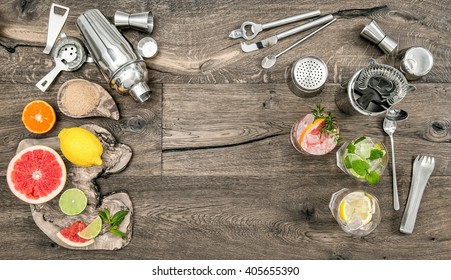 Fruit Drinks With Ice. Cocktail Making Bar Tools, Shaker, Glasses. Flat Lay.