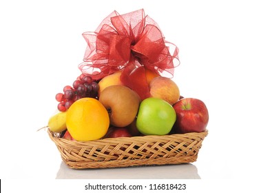 A Fruit Gift Basket With A Bow On Top