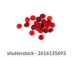 Fruit gummy candy pile isolated, vegan chewing marmalade pills, red raspberry jelly gumdrops heap, colorful gelatin candies on white background