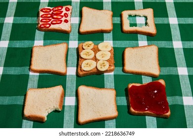 Fruit Or Jam. Original Composition With Uncooked Bread Toasts On Plaid Green And White Tablecloth Background. Vintage, Retro 80s, 70s Style. Copy Space For Ad, Text