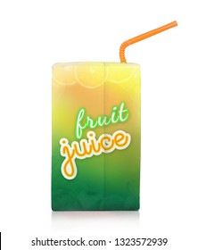 Fruit Juice Box With Drinking Straw. Isolated On White Background With Shadow Reflection. Juice Packaging With Sipper. 