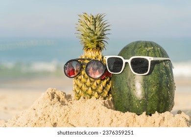 Fruit man made of pineapple and watermelon on the beach fruit tourism for health Funny and cute sunbathing fruits. Festive food. Summer travel concept. white background design invitation to visit - Powered by Shutterstock