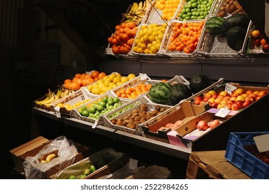 Fruit market display with colorful fruits in crates. Grocery store with oranges, lemons, limes, kiwis, and watermelons. Fresh and vibrant produce at the farmer's market. - Powered by Shutterstock