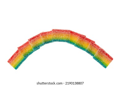 Fruit Marmalade With Natural Juice And Pectin In The Form Of Rainbow Isolated On White Background. Sweet Fruit Rainbow.