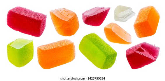Фруктовые мармеладные конфеты, желейные конфеты, изолированные на белом фоне с обрезным контуром, коллекция
