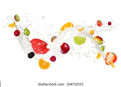 Fruit Mix In Milk Splash, Isolated On White Background