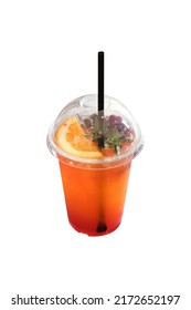 Fruit Mocktail In Plastic Cup Isolated On White, Takeaway Mixed Fruit Juice In Plastic Cup