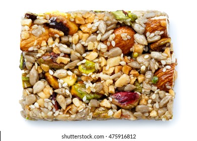 Fruit, Nut And Seed Bar With Pistachios Isolated On White From Above.