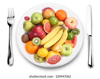 Fruit On A Plate. The Image On White Background. View From The Top.