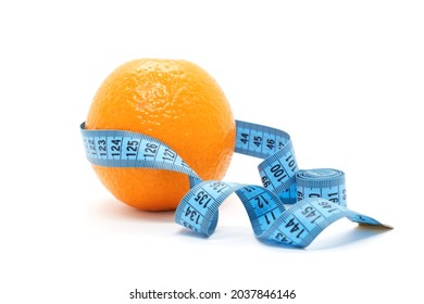 Fruit orange is wrapped with blue measuring tape on white background. Orange peel as a symbol of cellulite on the skin. Slimming, body shaping, skin care. Anti-cellulite creative concept. - Shutterstock ID 2037846146