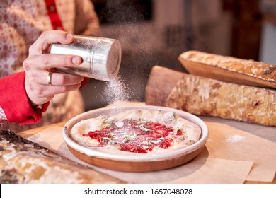 Fruit pizza. Pizza with raspberries, mascarpone and mint leaves. Traditional wood oven in restaurant, Italy. Original neapolitan pizza. Red hot coal. - Shutterstock ID 1657048078