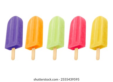 FRUIT POPSICLES AT AN INCLINED ANGLE, WITH MANY FLAVORS AND COLORS - PASSION FRUIT, STRAWBERRY, LEMON, ORANGE AND GRAPE - Powered by Shutterstock