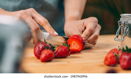 Fruit Preservation At Home. Woman Preparing Fruits For Canning At Home.