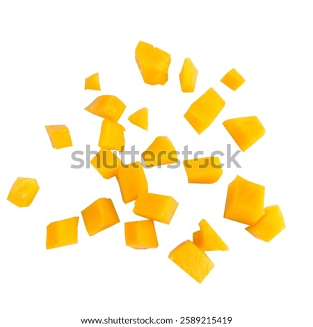 Fruit pulp cube piece mango fall isolated on white background.