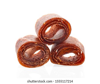 Fruit Roll Up Snack On A White Background. Strawberry, Currant And Apple.