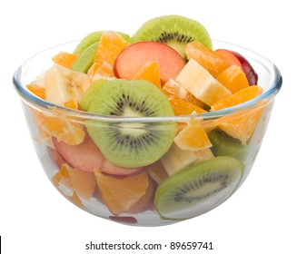 Fruit Salad In Glass Bowl Isolated On White Background