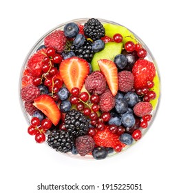 Fruit Salad In Glass Bowl Top View Isolated On White Background.