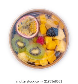 Fruit Salad In Plastic Box On White Background