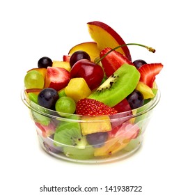 Fruit Salad In Takeaway Cup On White Background