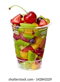 Fruit Salad In Takeaway Cup On White Background