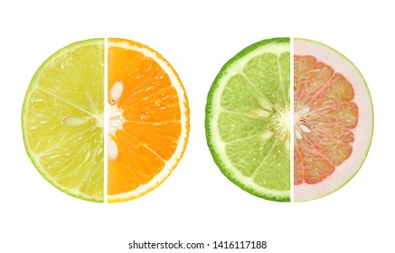 Fruit Slices Parts Of Grapefruit, Bergamot, Orange, Lemon Isolated On White With Clipping Path