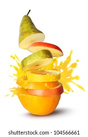 Fruit Slices Pile Juice Burst Explosion On White Background