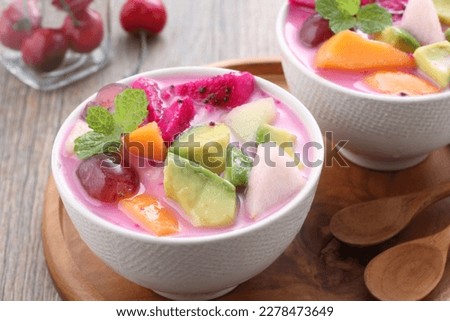 Fruit soup is a soup that is prepared using fruit as the main ingredient, and can be served cold, and is very popular during Ramadan, for takjil iftar.