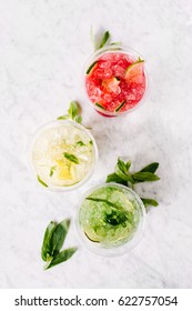 Fruit Summer Drinks With Ice. Flat Lay, Top View.