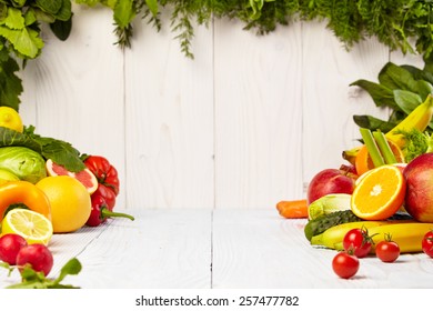 Fruit And Vegetable Borders Fruit And Vegetable Borders On Wood Table