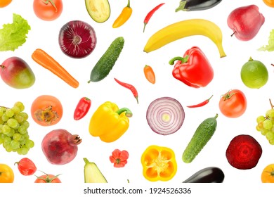 Fruit Vegetable Seamless Pattern Isolated On White Background.