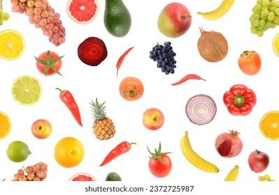 Fruit and vegetable seamless pattern isolated on white background.