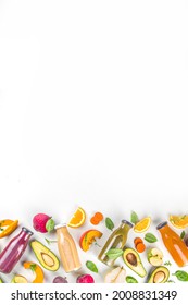 Fruit And Vegetable Smoothie Concept. Portioned Bottles With Fruit And Vegetable Smoothies Flatlay With Fresh Ingredients On White Table Background