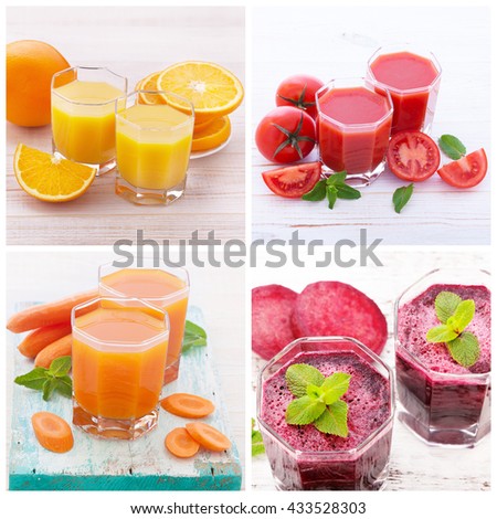 Fruit and vegetable smoothies top view. Set