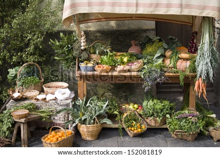 Fruit and vegetable stall at a medieval market