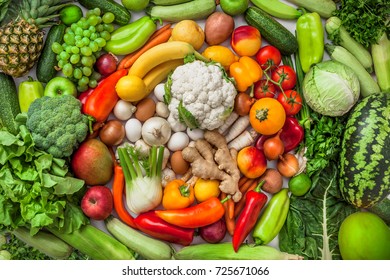 Fruit and vegetables background colorful overhead large various mix in studio - Shutterstock ID 725671066