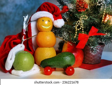 Fruit And Vegetables Christmas Decoration As A Symbol Of Healthy Food For New Year Holiday Banquet