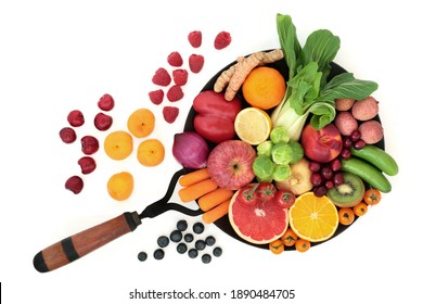 Fruit And Vegetables High In Antioxidants That Neutralise Free Radicals Also High In Fibre, Anthocyanins, Carotenoids, Lycopene, Vitamins And Minerals. Immune Boosting Health Food Concept. 