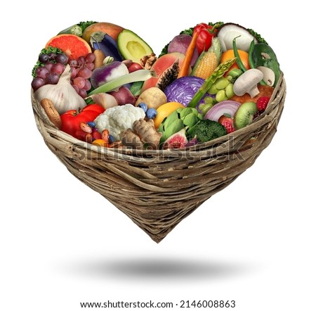Fruit and vegetables love and heart health symbol in a cornucopia basket as a healthy food and fresh ripe fruits and nuts with beans as a diet symbol for eating green biological natural food.