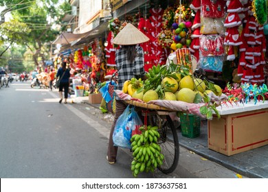 Fruit Vendor On Hanoi Old Town Street At Early Morning