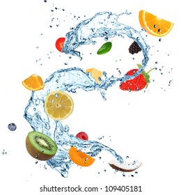 Fruit In Water Splash Over White