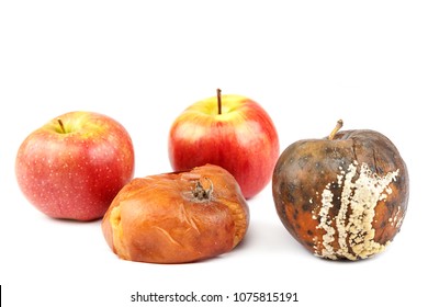 Fruits Of An Apple And Peach With Rot Isolated On White Background.