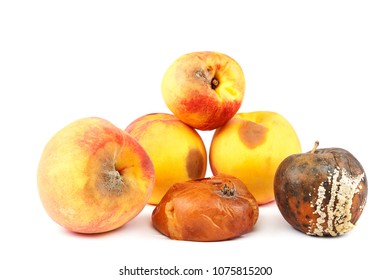 Fruits Of An Apple And Peach With Rot Isolated On White Background.