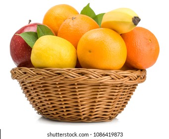 Fruits in basket isolated on white.