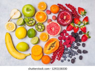 Fruits And Berries Rainbow Top View.Natural Vitamins And Antioxidants Food Concept.